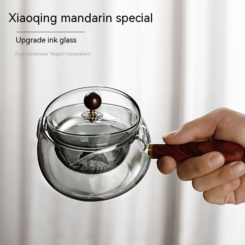 Teapot, Rotary, Heat-resistant Glass, Tea Making Infuser, Wooden Handle