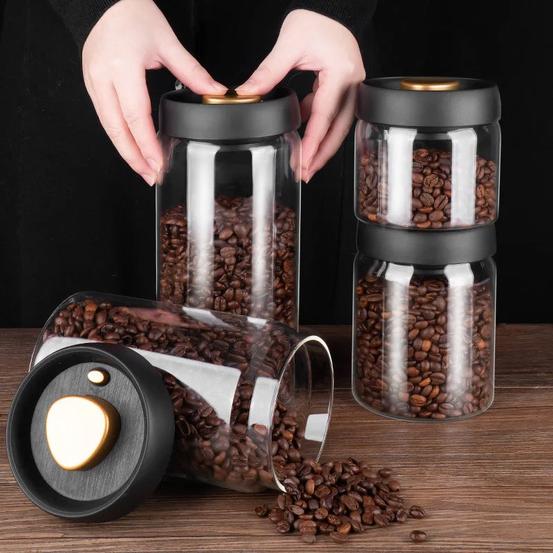 Jug Set, Glass Vacuum Airtight, Black, Coffee Beans, Candy, Good Storage, Jar Set